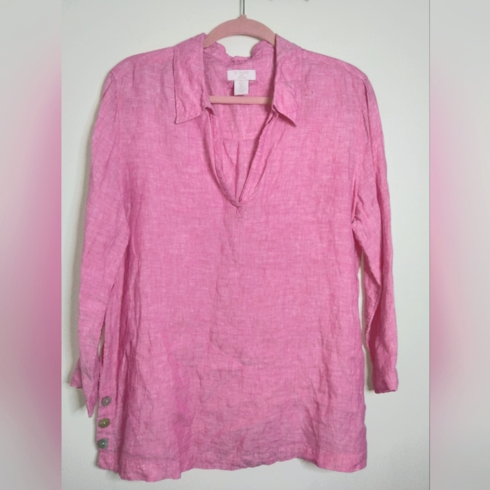St. Tropez (Size L) Pink 100% Linen V-Neck 3/4 Sleeves Accent Buttons Tunic Top